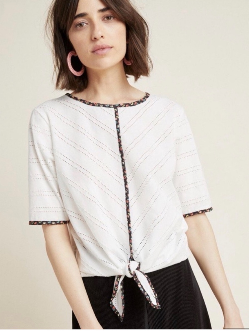 Aldo Martins White Eyelet Tie-Front Top with Floral Trim